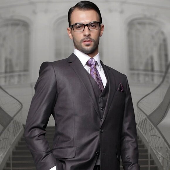 Mens Classic Fit Pleated Pant 2 Button Wool Suit in Charcoal Grey - Picture 1 of 2